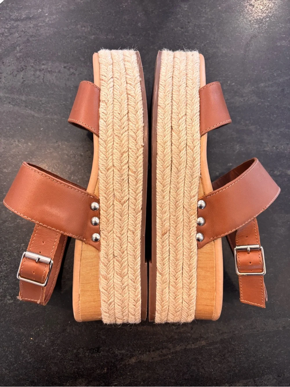 Steve Madden Fifer Leather Espadrille Platform Sandals - Cognac Brown - Size 8.5